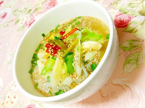 生姜でピリリ❤青梗菜と長葱と糸蒟蒻のスープ❤